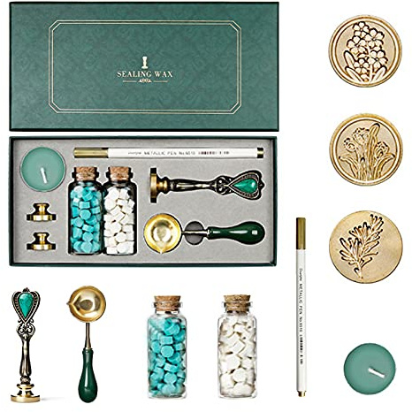 Joyeee Sealing Wax Stamp Kit with Green Gift Box, Seal Stamp Kit for Sealing, with 2 Colors Wax Seal Beads, 3 Stamp Heads, Metal Spoon, Metallic Pen for Crafts and Decoration #55