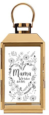 Casa Vivente Laterne aus goldfarbenen Edelstahl mit Gravur für Mama, Ich Habe Dich lieb, Deko-Windlicht für Kerzen zum Muttertag