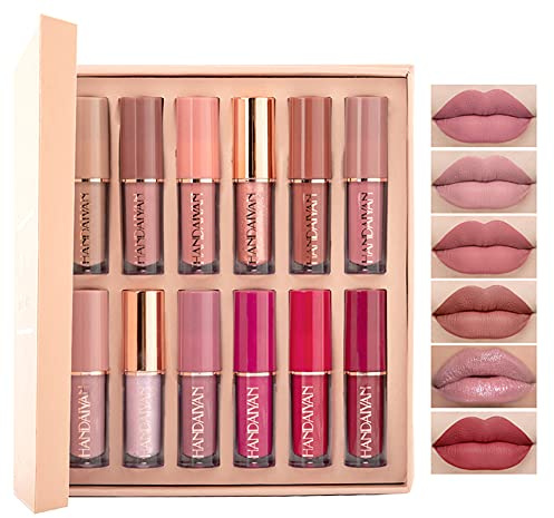 10Pcs Matte Liquid Lipstick with 2 Glitter lipstick Makeup Set, Matte Nude liquid Long-Lasting Wear Non-Stick Cup Not Fade Waterproof Lip Gloss Make up Gift Set