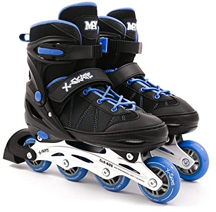 M.Y X-Skate verstellbare blaue Inline-Rollschuhe mit integrierten Verstellern, Kinder-Rollstiefel für Jungen und Mädchen, Größe S