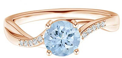 Solitär 6 mm runder Aquamarin-Edelstein 925er Sterling Silber Gedrehter Ring mit geteiltem Schaft (Roségold-Vermeil, 14)