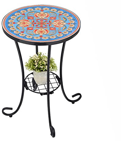 Tavolino da esterno a mosaico, tavolo da patio, tavolo con piastrelle a mosaico con struttura in metallo, piccolo tavolino da portico, spiaggia, patio, giardino, balcone, blu, 35,5 cm