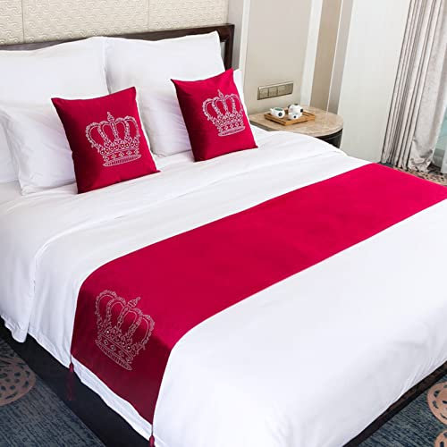 Roter Bettschal Überwurf Krone Muster Diamant Bettläufer Samt Tagesdecke mit Quaste Moderne Bettwäsche Redets Abdeckung Dekor für Hotelschlafzimmer, 45 x 240 cm
