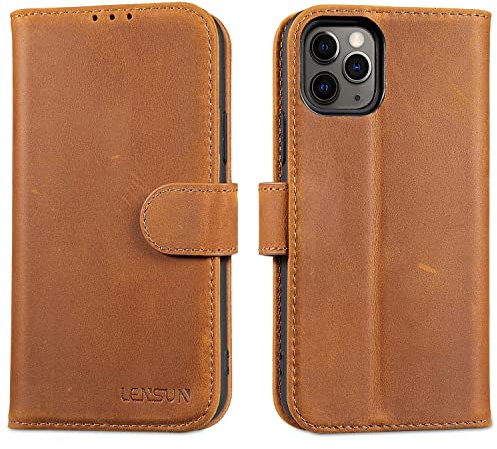 LENSUN Echtleder Hülle für iPhone 11 Pro, Handyhülle [Echtes Leder][Magnetverschluss][RFID Schutz] Handytasche Lederhülle Kompatibel mit iPhone 11 Pro- Vintage Braun