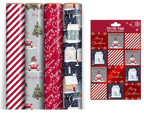 4 x 7M Rolls Of Christmas Wrapping Paper - Contemporary Designs - Festive Wrap - Silver Tree Car, Red Snowflake, Night Blue Snowy House, Red & White Stripe - Complete With 32 Matching Gift Tags