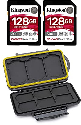 Kingston Canvas React Plus 128GB U3 V90 SDXC UHS-II SD Card (2-Pack) Bundle and Memory Storage Carrying Case (3 Items)