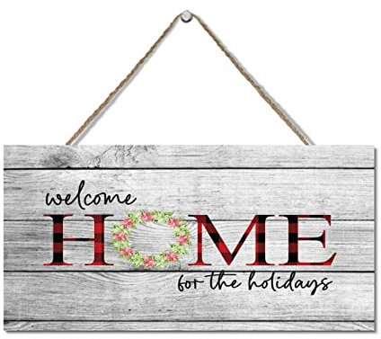 Targa in legno personalizzata con scritta in inglese Welcome Home for The Holidays in legno con motivo a quadri di bufalo rosso, 15,2 x 30,5 cm (lingua italiana non garantita)