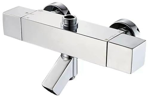 AFUDER Mitigeur Douche Thermostatique 38℃ Noir Bain Douche Top Vaporisateur Thermostat Bas G 1/2 Haut 3/4 BSP Robinet de Douche à trois Sorties Laiton Chromé Carré