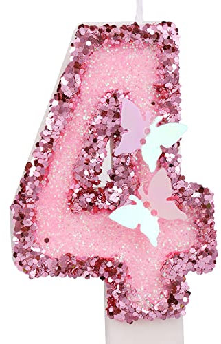 7,5cm Geburtstag Nummer Kerzen, Glitzernde Zahlenkerze Rosa Zahlenkerzen Kuchenaufsatz Schmetterlings-Geburtstagskerzen mit Pailletten für Jubiläumsfeiern (Nummer 4)