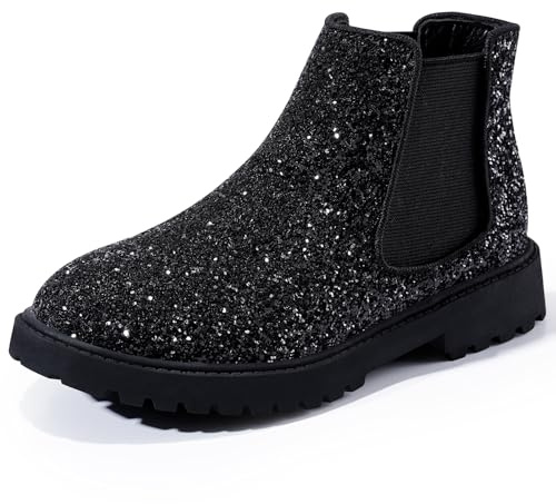 Harvest Land Girls Boots Kids Ankle Boots Zipper School Shoes Elegant Big Kid Fashion Winter Boots Zip-up Short Flat Bootie for Junior/Yourth Black-Glitter UK4