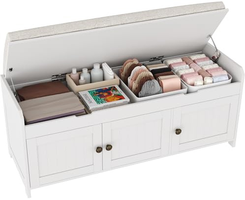 HOMEFORT Schuhbank mit Hebebügel, Eingangsbank mit gepolstertem Sitz, Holzende der Bettbank, Schuhschrank mit verstecktem Stauraum, für Schlafzimmer, Flur, 105 cm, Weiß