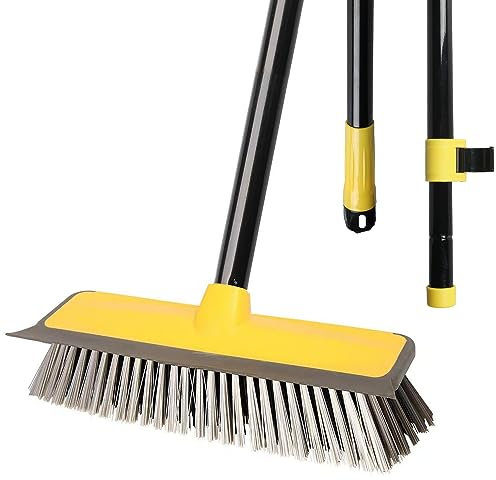 Floor Cleaning Brush with squeegee, 60” Long Handle Push Broom, Stiff Bristles Deck Broom for Bathroom Tub Tile Patio Kitchen Garden, Yellow