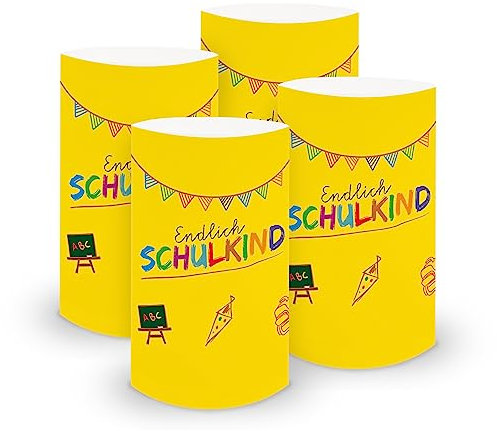 itenga 6X Windlicht Tischlicht aus Folie I Schulanfang Endlich Schuldkind Tafelmotiv I 10,0 x 21,0 cm I ideal als Tischdeko I geeignet für Teelichter oder LED-Kerzen (gelb)