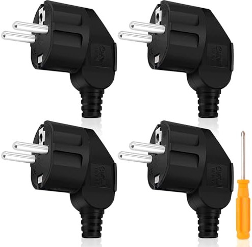 Schuko Stecker, 4 Stück Stecker 250V (16A) Schutzkontakt-Stecker mit Knickschutztülle +1 X Schraubendreher, IP20 Wasserdicht Schuko Stecker für 8-10mm Kabel