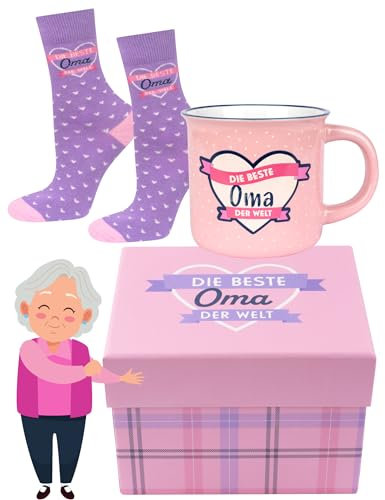 soxo Oma Socken Damen Geschenke Für Frauen Lustige Geschenk Bunte Damensocken Socks 35-40 Socken 1 Paar + Becher