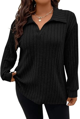 Gemulate Women's Sweaters Plus Size Ladies Clothes Tops Casual Longline v Neck Long Sleeve Clothes for Large Women Black 4XL
