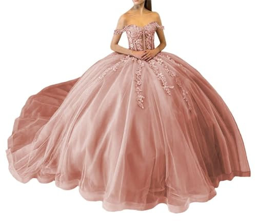 Robes de quinceanera à paillettes scintillantes en dentelle à épaules dénudées avec train Princesse Robe de bal en tulle bouffante, vieux rose, 46