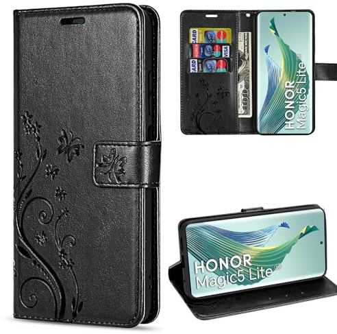 betterfon Hülle Kompatibel mit Honor Magic 5 Lite | Premium PU Leder Handyhülle Wallet Case für Magic 5 Lite | Schutzhülle Blumen Klapphülle Handyhülle | Schwarz
