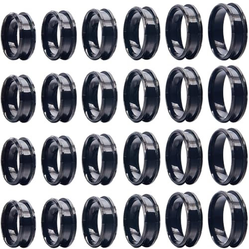 SUNNYCLUE 1 Box 24 Stück Edelstahl Schwarz Fingerring Rohling Kern Ring Inlay Runde Gerillte Ringe Rohling US Größe 7/8/9/10/11/12 Leere Ringrohlinge Für Schmuckherstellung Kits Männer Frauen DIY Bast