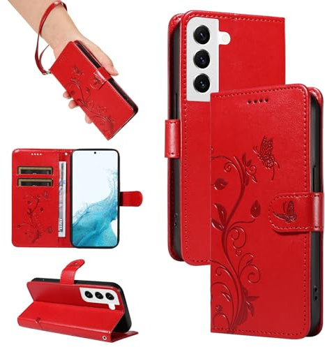 SRISHP Hülle für Samsung Galaxy S22 Hülle, Premium PU Leder Handyhülle mit Band, Magnet Flip Case für Galaxy S22, Rot
