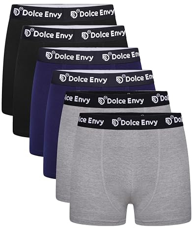 DOLCE ENVY Mens Boxers Shorts with Black Elastic Waist Band- Soft Boxer Men Stretch Fit Underwear for Everyday Wear. (UK, Alpha, S, Regular, Regular, 2 BLACK,2 NAVY,2 GREY)