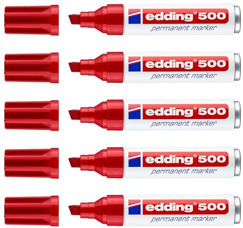 Edding Permanentmarker 500, Rot, breite Spitze, abgeschrägt, 2-7 mm, 5 Stück