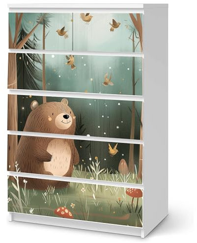 Sunnywall® Möbelfolie passend für IKEA Malm Kommode Schrankfolie Aufkleber mit Kleiner Bär im Wald Motiv | blasenfrei verkleben | Kinderzimmer 6er 80 cm