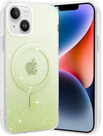 Xylota Klare Glitzer Magnetisch Hülle für iPhone 14/iPhone 13 6,1 '' [Kompatibel mit MagSafe], Aesthetic Luxuriöse Beschichtung Handyhülle, Mode TPU Stoßfeste Case Mädchen Schutzhülle Cover, Grün