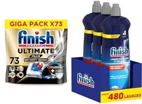 Finish Ultimate Plus Infinity Shine 73 capsules lava-vaisselle + Liquide de Rinçage Brillance et Séchage x3 produits lave-vaisselle