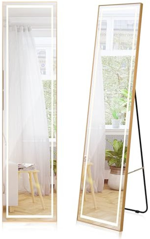 GOPLUS 155CM Miroir LED en Pied, Tactile Intelligent avec Cadre en Aluminium, Gradation et Éclairage 3 Couleurs, Miroir Suspendu sur Pied ou Mural pour Chambre, Salon, Vestiaire Doré(155x37CM,Carré)