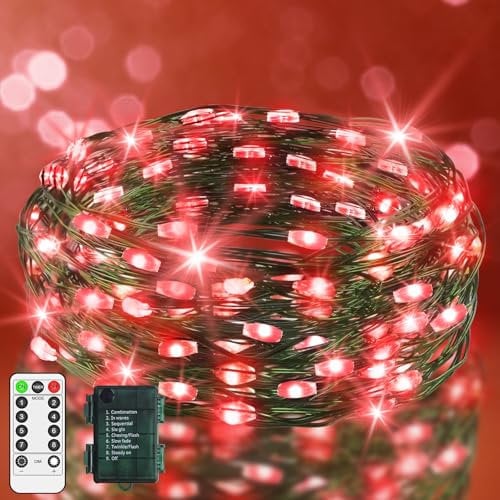 JXLEDAYY 9.9 FT 60 LED Fairy Lights Battery Operated String Lights Green Copper Wire Christmas Lights with Remote Timer 8 Modes for Tree Greenery Bedroom Garland Wreath Garden Wedding Decoration Red