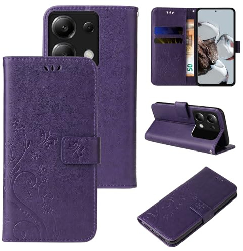 LBH Handy Hülle für Xiaomi Redmi Note 13 Pro 5G Case Handytasche Schmetterling Blumen Flower Standfunktion Schutzhülle Magnet Rundum Schutz 360 Grad Flipcase Cover Violett