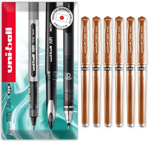 uni-ball Signo Pen - UM-153 Broad Metallic Gel Ink Rollerball - Metal 1.0mm Tip Nib - Rubber Grip - In Envelope Gift Packaging (Pack of 6, Bronze)