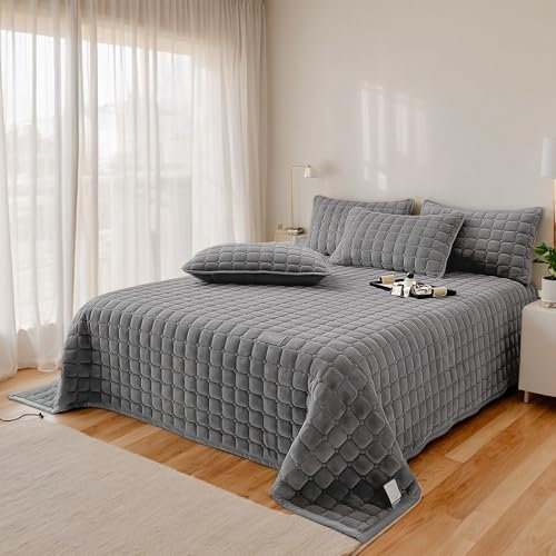 OKYUK Luxus-Samt-Bettwäsche-Set, Tagesdecke, Stepp-Bettwäsche-Set, Bettüberwurf oder Sofaüberwurf,mit 2 passenden Kissenbezügen, für alle Jahreszeiten(Dunkelgrau,230 * 250cm)