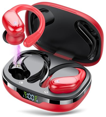 Auriculares Inalambricos, Auriculares Bluetooth 5.3 Deportivos con Gancho de la Oreja, 60H de Reproducción, Pantalla LED, Llamada ENC HD, Profundamente Bajo, Ajuste Cómodo, IPX7 Impermeable(Rojo)