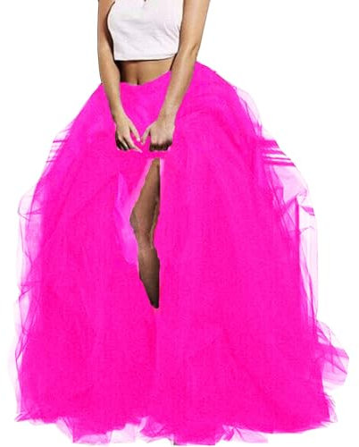 Edhomenn Jupe longue en tulle pour femme - Taille haute - Demi-jupe superposée en maille bouffante - Jupe trapèze fendue sur le devant - Jupe de gâteau de princesse, 01 Rouge rose, Taille unique