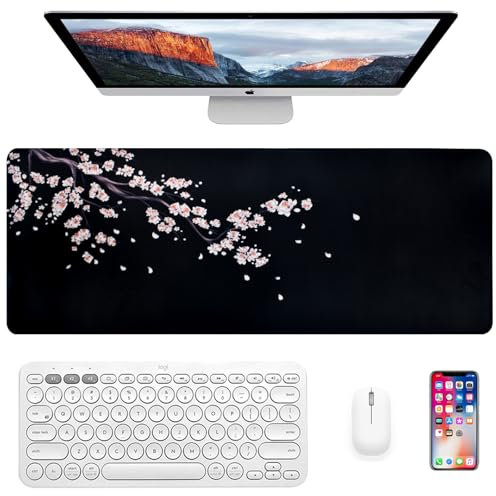 Homirty Tapis de souris de jeu - Motif fleurs de cerisier - 800 × 300 × 2 mm - Noir - Tapis de bureau rose - Fleurs de cerisier - Grand tapis de souris antidérapant - Bords cousus - Tapis de souris