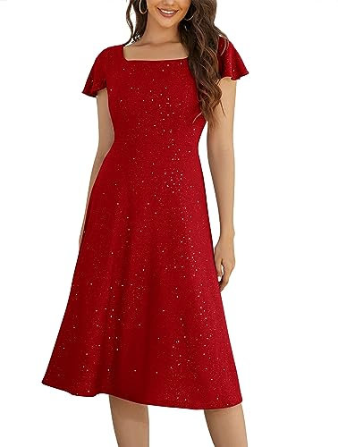 Berylove Robe de Cocktail à Col Carré - Longue de Soirée à Paillettes Pour Femme - Festive avec Manches pour Invité de Mariage