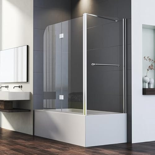 Duschwand für Badewanne mit Seitenwand 70x120x140cm 2-teilig Faltbar Duschtrennwand, Duschabtrennung Badewannenaufsatz mit 6mm Nano EGS Sicherheitsglas, 70+120cm Glas Eck Badewannenfaltwand