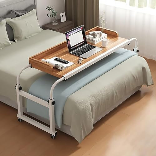 Verstellbarer Überbetttisch mit Rollen, mobiler Überbett-King-Queen-Laptop zum Essen auf dem Bett mit Verstellbarer Länge und Höhe, Computertisch, braun, 140 cm