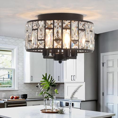 Rviezza Flush Mount Black Ceiling Light, Modern 4-Lights Crystal Ceiling Light, Industrial Chandelier for Living Room Bedroom Hallway Kitchen Entryway with E14 Dimmable Base