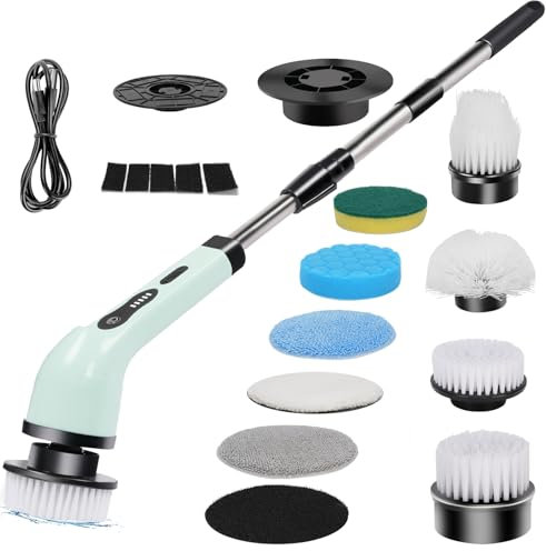 MEKOTRIN Elektrischer Schleuderschrubber, 2 Geschwindigkeiten, Wasserabweisende IPX7-Elektrobürste, Kabelloser Power-Schrubber mit 9 Bürstenköpfen für Badezimmer und Küche (GREEN)