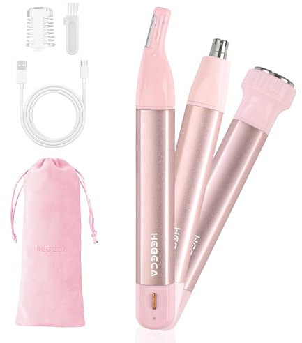 HEBECA Tondeuse Poil de Nez Femme - 3In1 Rasoir Nez Oreilles Sourcil - Epilateur Nez Femme Rechargeable Etanche Portable avec sac de voyage - Rose