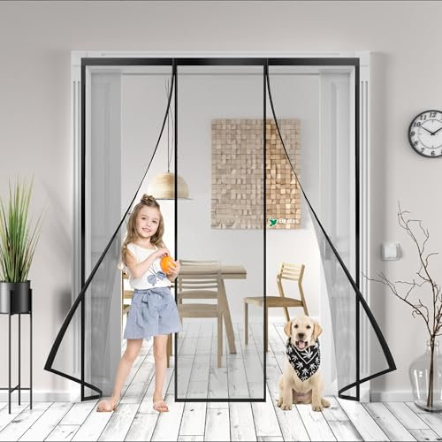 Upgraded Magnetic Screen Door, 210x220cm Thicker Reinforced Mesh, Longer Magnets, Retractable Screen Door Mesh Magnetic Closure for Single Front Black