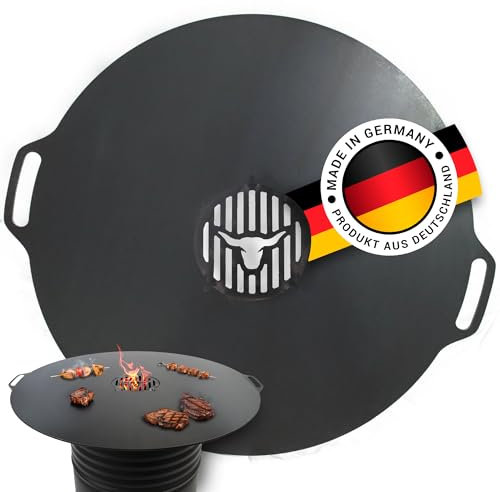 Feuerplatte mit Seitenhandgriffe 90cm INKL. Grilleinsatz, 5mm Stärke, Grillplatte für Feuertonne & Feuerschale, Plancha Grillring für BBQ & Teppanyaki, Massive Stahlplatte für perfektes Grillen #944