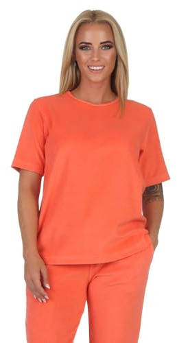 Damen Kurzarm Frottee Schlafanzug Oberteil Pyjama Shirt Mix & Match - ideal zu kombinieren, Farbe:orange, Größe:52-54