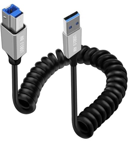 HuaLiSiJi Câble Spirale USB 3.0 B Câble USB 3.0 Type A vers Type B Câble d'imprimante Haute vitesse 5Gbps pour Dell, HP, Canon, Xerox, Brother, Samsung (Type A, 0.3-0.8 m)