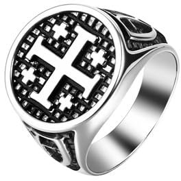 Flongo Kreuz Jerusalem Ring Herren: Siegelring aus Edelstahl Christlicher Schmuck, Taufamulett Geschenk Glaube Religion katholisch orthodox Judentum Geschenk für Vater Liebhaber Freund Männer70