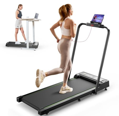 Laufband für Zuhause Klappbar, 2 in 1 Klappbar Laufband, 2,5 PS Laufband Schreibtisch mit Armlehnen, 1-10km/h Walking Pad Klappbar mit LED-Anzeige und Fernbedienung, 120KG, Geräuscharme für Zuhause