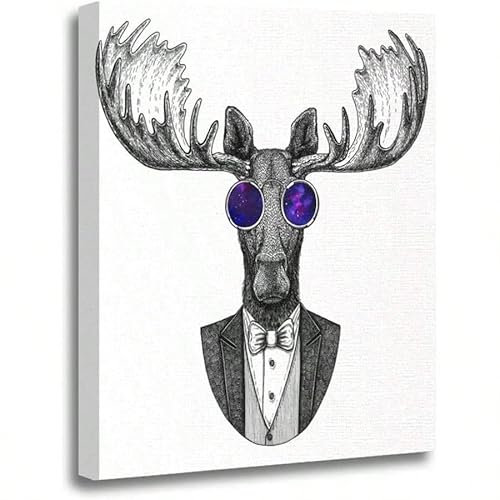 AIHNBF Witziges Elch im Anzug Leinwandbild mit Galaxie-Brille, Moderner Tier-Kunstdruck für Wohnzimmer Schlafzimmer Deko, 50 x 75 cm